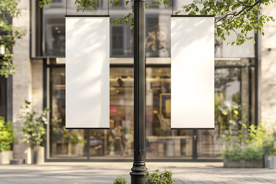 Two blank vertical banners hanging from a black lamp post in a stylish urban setting with greenery and a glass storefront. Perfect for branding, advertising, and event promotions