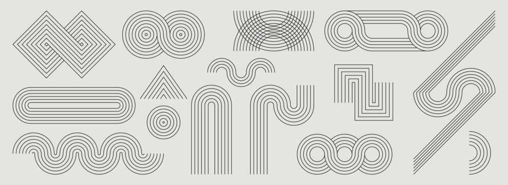Architectural geometric shapes set - clean modern arches and curves, lines and stripes, spirals and concentric circles. Trendy abstract stylized minimalist mid century design elements collection.