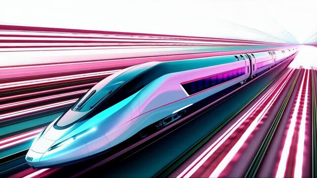 A sleek, modern high-speed train traveling on an elevated track