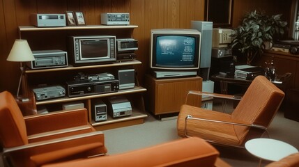 Vintage living room with classic furniture and electronics.