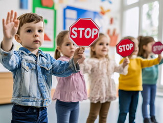 Children raising stop signs during a classroom activity focused on safety and awareness