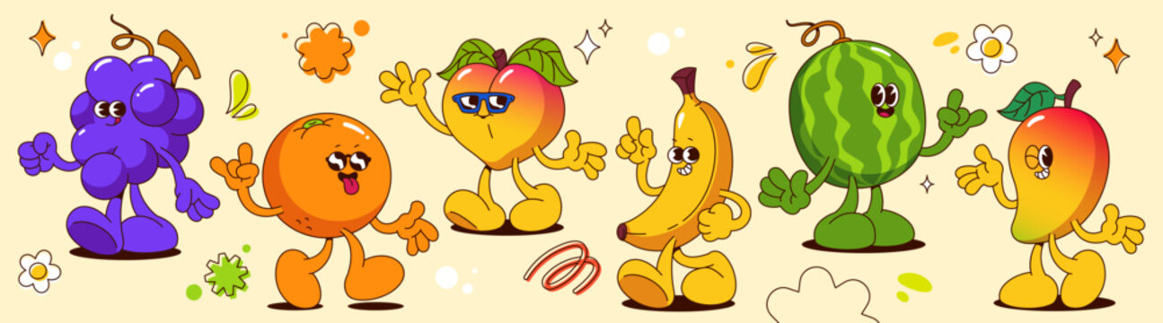 Groovy fruit characters set isolated on background. Vector cartoon illustration of retro grape, orange, peach, banana, watermelon, mango mascots with faces, comic emoji for vintage summer poster
