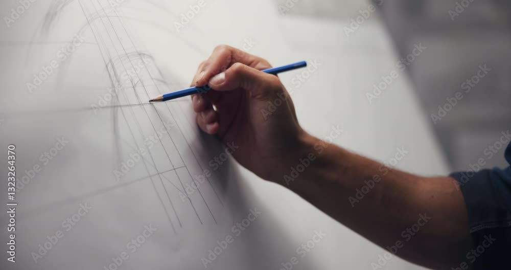 Poster Hands, architect and drawing with closeup, board and lines for creativity, editing or process at company. Person, engineer and paper with pencil, writing or sketch with project management at agency
