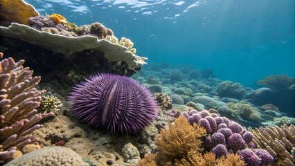 Underwater Ecosystem: A vibrant purple sea urchin nestled amongst a colorful coral reef. Sunlight filters through the clear ocean.