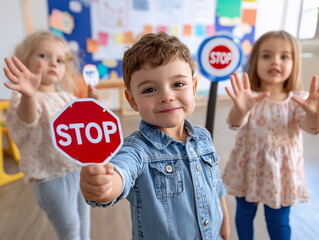 Children engaging in playful learning about traffic signs in a colorful classroom during a fun educational activity