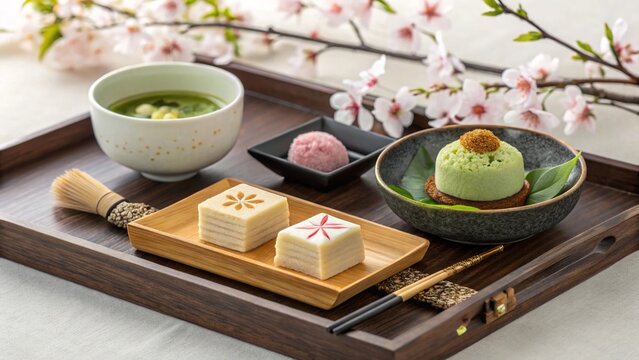A luxurious Kyoto-style kaiseki dessert platter, featuring a delicate selection of traditional Japanese sweets, beautifully arranged on a lacquered wooden tray