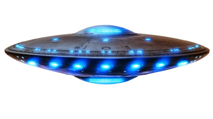Large alien spaceship hovering with blue lights on transparent background