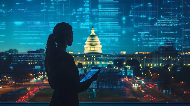 Woman using tablet, viewing city skyline at night with digital overlay.