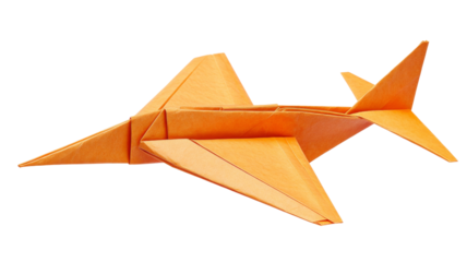 Orange origami airplane flying with transparent background
