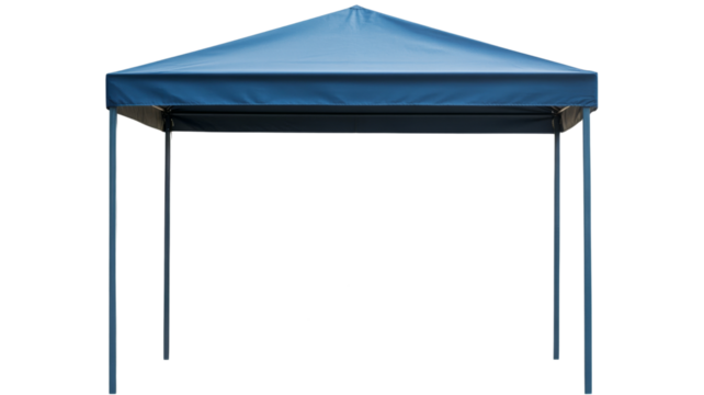 Blue canopy tent covering picnic table on transparent background