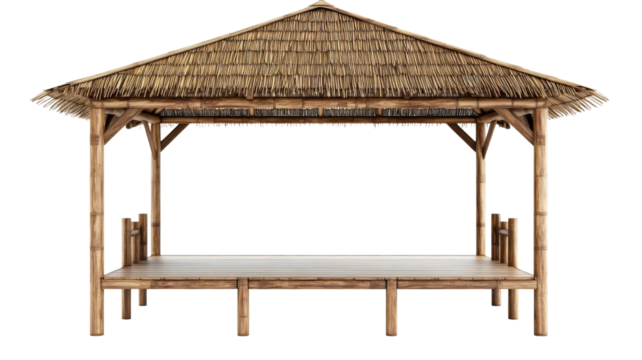Bamboo gazebo with thatched roof on transparent background