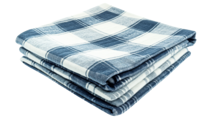 Folded blue and white checkered fabric on transparent background