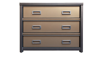 Modern filing cabinet with three drawers and metal handles on transparent background