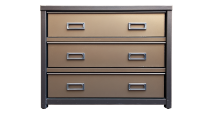 Modern filing cabinet with three drawers and metal handles on transparent background