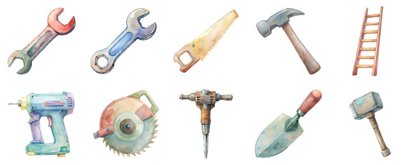 Construction tools including saw, wrench and drill in watercolor illustration set. Vibrant designs highlighting equipment for building and DIY projects isolated on transparent background.