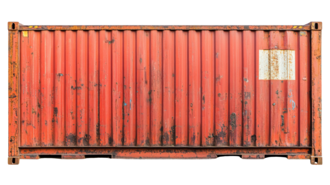 Grungy red shipping container on transparent background