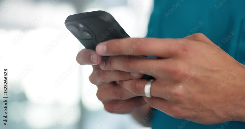 Fototapete closeup, hands and typing with smartphone for chat, online communication and connection with contact