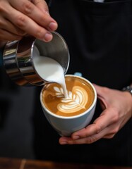 Barista pouring steamed milk creating latte art coffee cup cafe