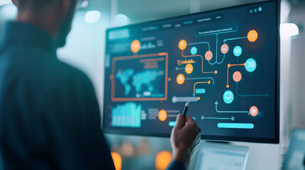 Man Interacting with Data Visualization on a Modern Display Screen