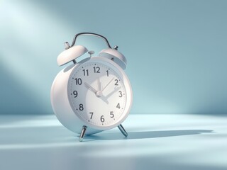 Classic White Alarm Clock on Light Blue Background Time Management Concept