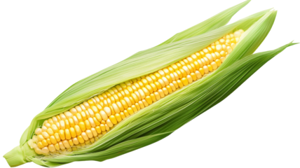 Fresh corn cob partially revealing golden kernels on transparent background