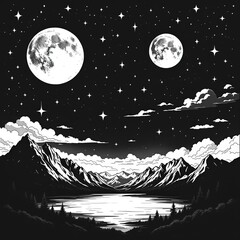 Monochrome Night Landscape Mountains Lake Two Moons and Starry Sky Artistic Illustration