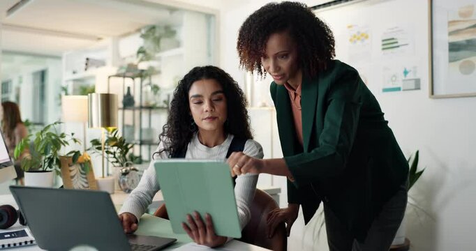 Collaboration, manager and women with tablet, office and helping intern with project, reporter or online. Teamwork, journalist and feedback for article on laptop, people or plan for story in business