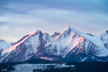 Winter view of Tatra Mountains at sunrise. Poland
