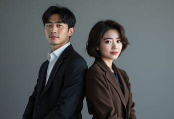 Confident Asian Business Couple Portrait Studio Shot Professional Attire