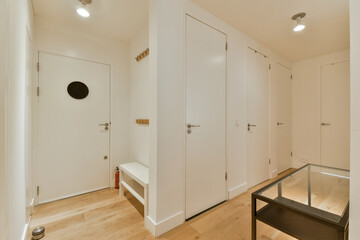 A sleek and contemporary hallway featuring white walls, minimalist doors, and wooden flooring, embodying a clean aesthetic with functional design elements.