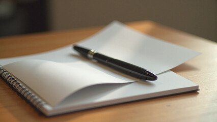 An elegant black pen lying on a blank notebook, ready for writing, in a warm and calm atmosphere.