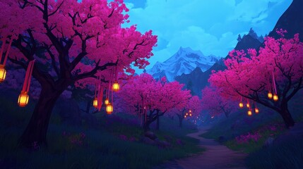 A serene scene featuring vibrant pink trees with lanterns, set against a mystical twilight backdrop and mountains in the distance.