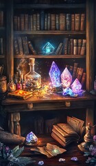 Illustration of crystal columns in the library with the concept of beliefs to be used as a graphic aid or tarot cards.