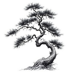 Majestic Twisted Bonsai Pine Tree Ink Drawing Asian Art Nature Illustration