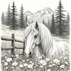 Majestic White Horse in Mountain Meadow Daisies Fence Scenic Landscape