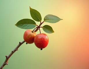 Two Ripe Red Apples on Branch with Green Leaves Autumnal Fruit Harvest Scene