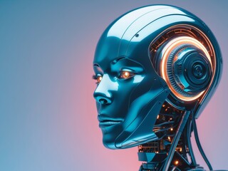 Futuristic robot head displaying intricate design features and soft glowing elements for effect.