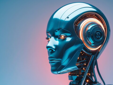 Futuristic robot head displaying intricate design features and soft glowing elements for effect.