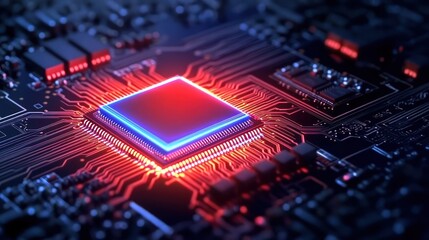 Fototapeta premium AI chip on a circuit board glowing with red and blue lights, representing AI powered edge computing and future technology
