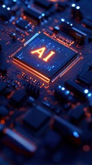 Fototapeta premium Circuit board chip with glowing AI letters, symbolizing AI powered edge computing, advanced cloud edge, and artificial intelligence