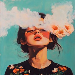 Dreamy Woman with Flowers and Clouds: A Serene Painting