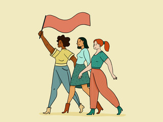 Group of female protesters walking with flag