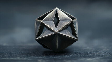 Geometric metal polyhedron sculpture with sharp edges and futuristic aesthetic