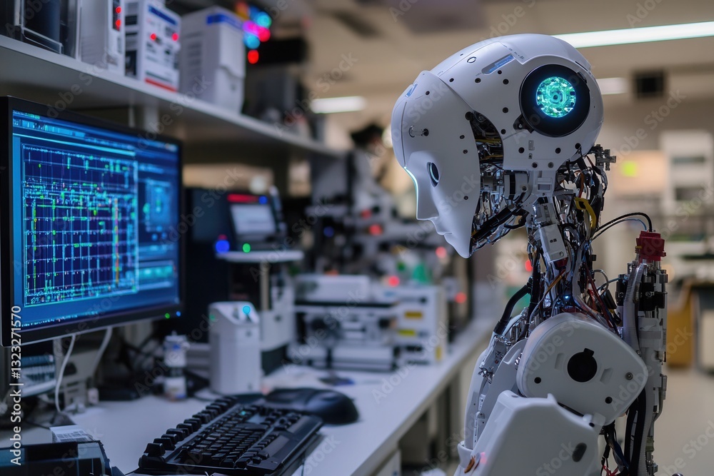 Aufkleber High-tech robot operating amidst advanced laboratory equipment and interactive computer interfaces