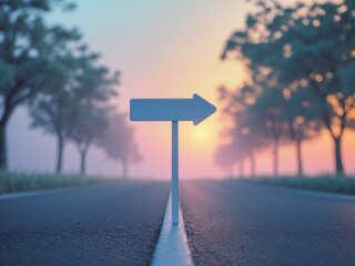 White Arrow Direction on Asphalt Road with Sunset and Trees in Background