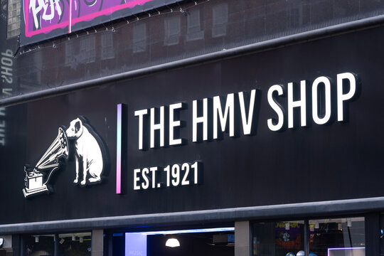 The HMV shop store sign in Oxford Street