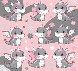 Obraz premium Cute vector illustration of adorable baby dragons in various poses for children's themes
