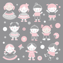 Charming vector illustration of playful children in various outfits for kids&rsquo; themes