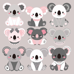 Adorable vector illustration of cute koalas in various colors for children’s themes
