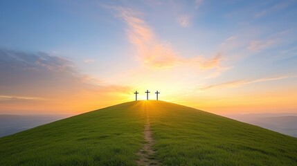 Obraz premium Three wooden crosses prominently displayed atop a grassy hill silhouetted against a vibrant colorful sunset sky filled with glowing light and atmospheric clouds